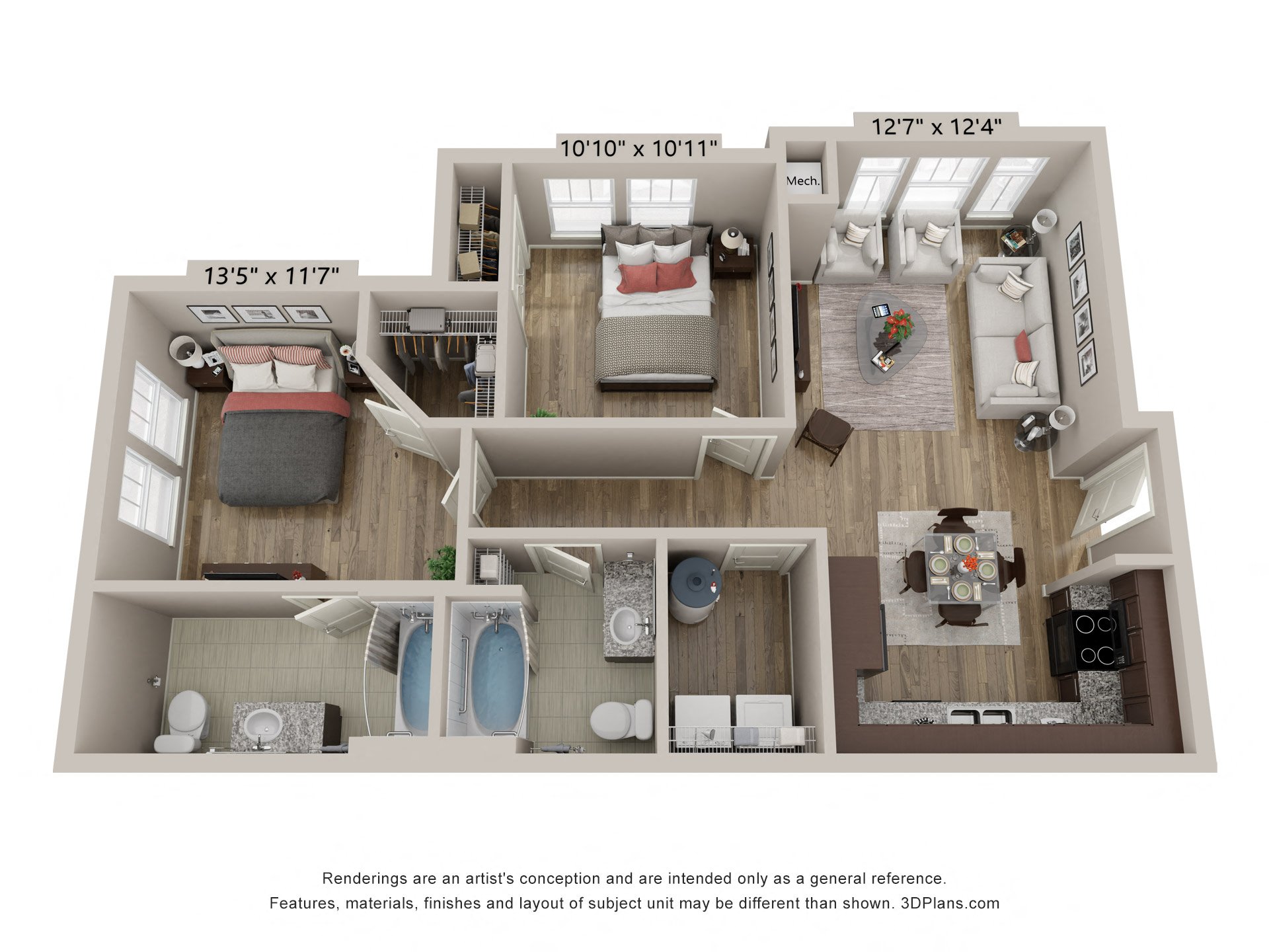 Floor plan for 2 beds, 2 baths, 924 sqft